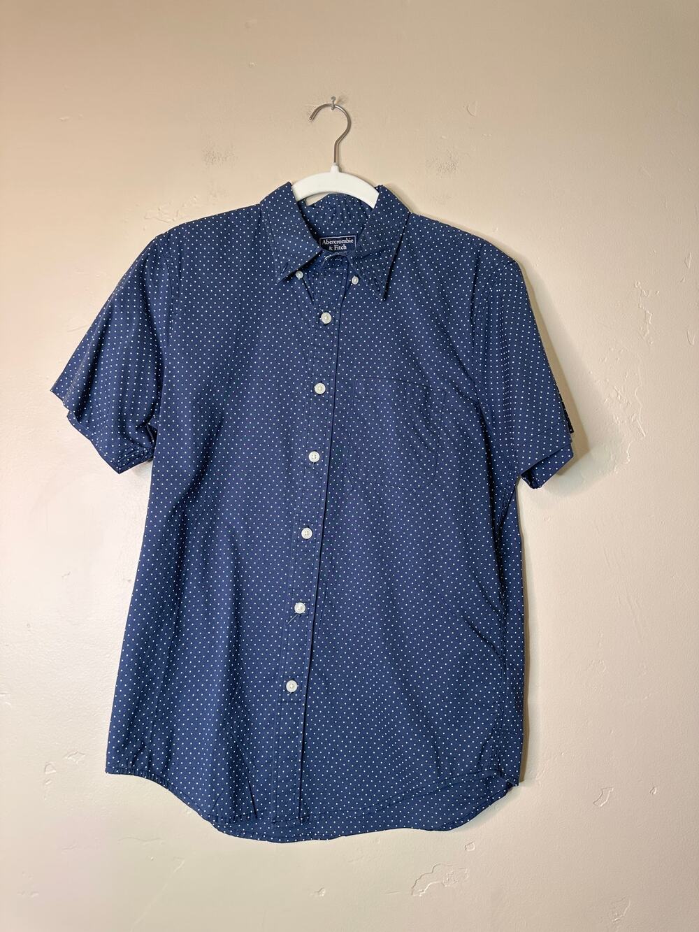 Men's Abercrombie & Fitch Navy Button Up White Polka Dots MEDIUM
